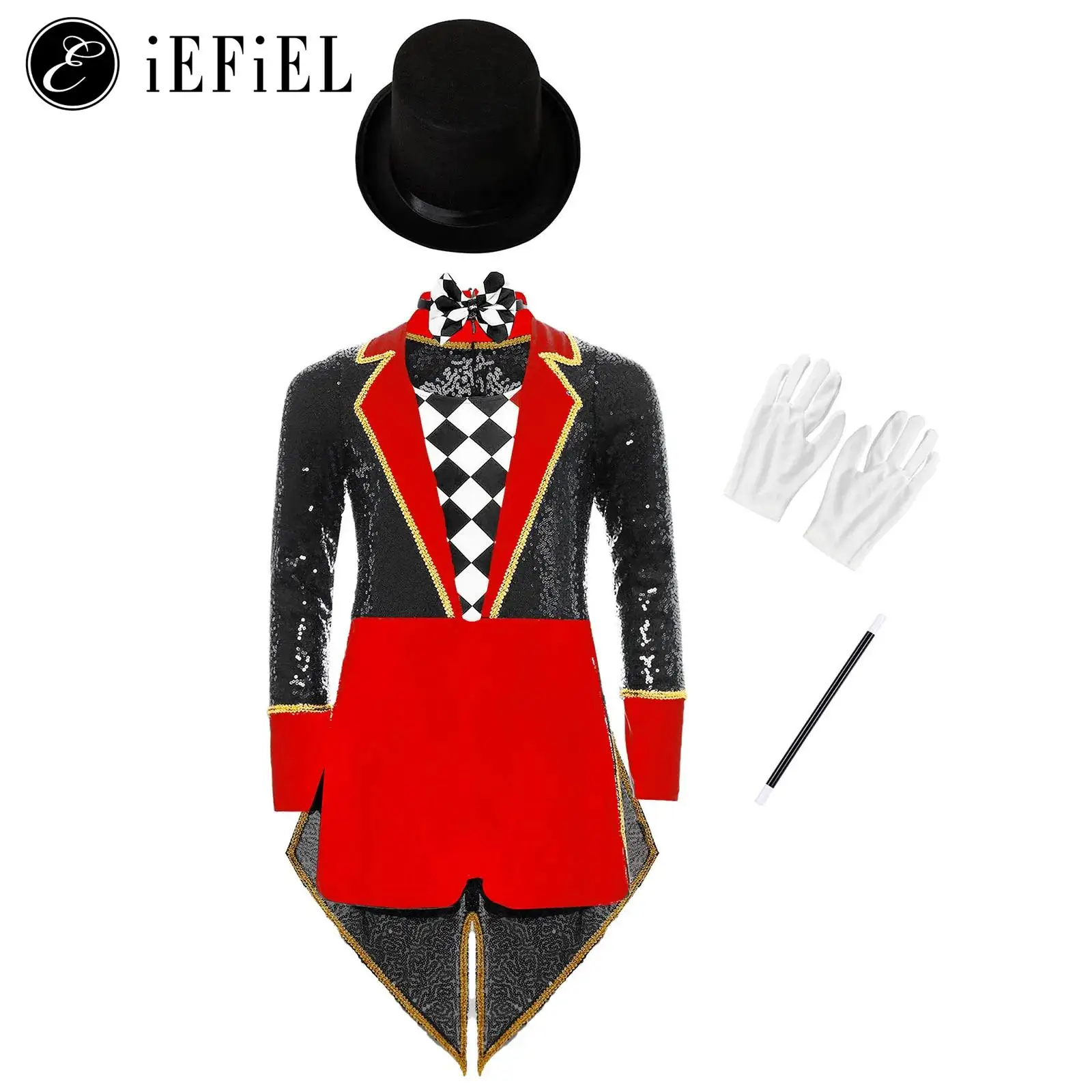

Unisex Girls Boys Ringmaster Circus Show Costume Sequins Long Sleeve Bowtie Tailcoat Bodysuits with Accessories