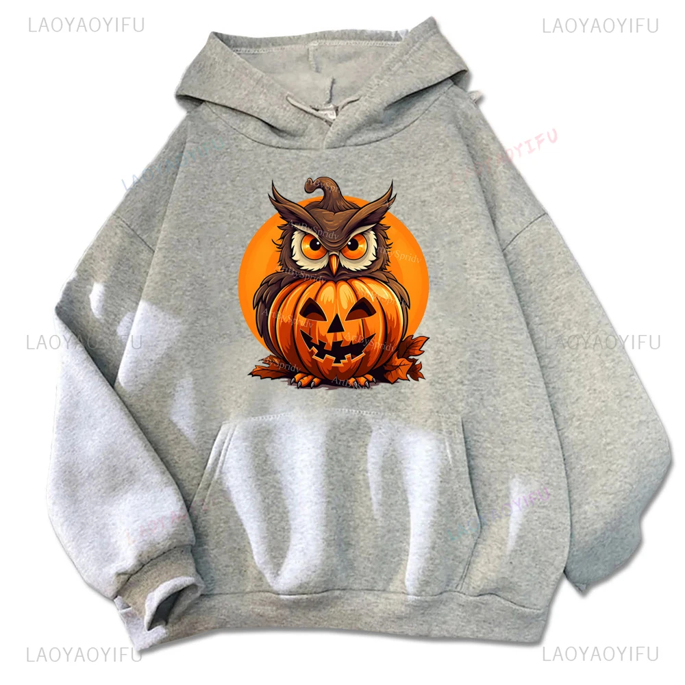 Kawaii Cartoon Owl Pumpkin Lamp Graphic Hallowmas Hoodie Trick or Treat Warm and Windproof Harajuku Casual Couple Hoodies