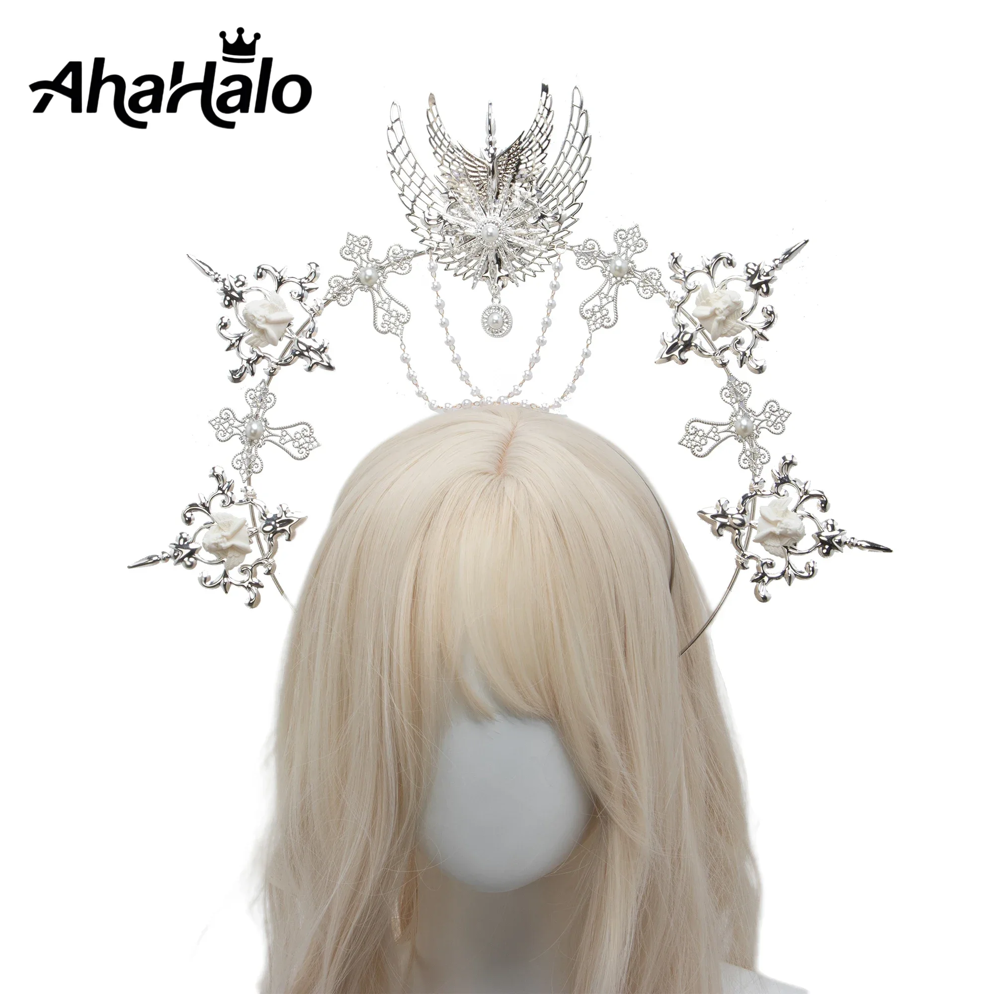 

Handmade Silvery Mary Apollo Sun Halo Crown Lolita Vintage Headband Angel Wing Goddess Headpiece Halloween Party Headwear