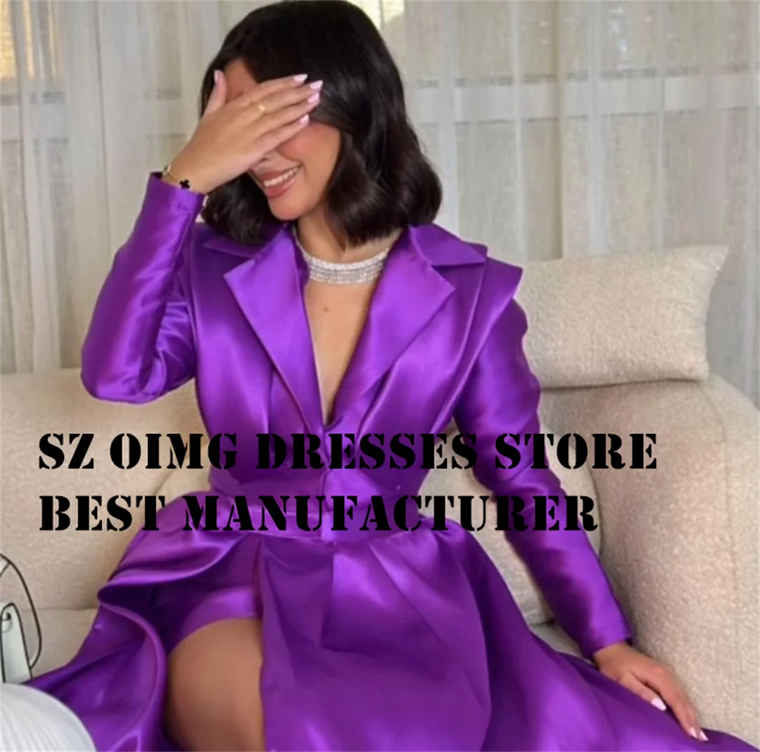 OIMG V Neck Prom Dresse Satin Long Sleeves Purple Customized Elegant  Vintage Women Simple  Evening Gowns Formal Party Dress