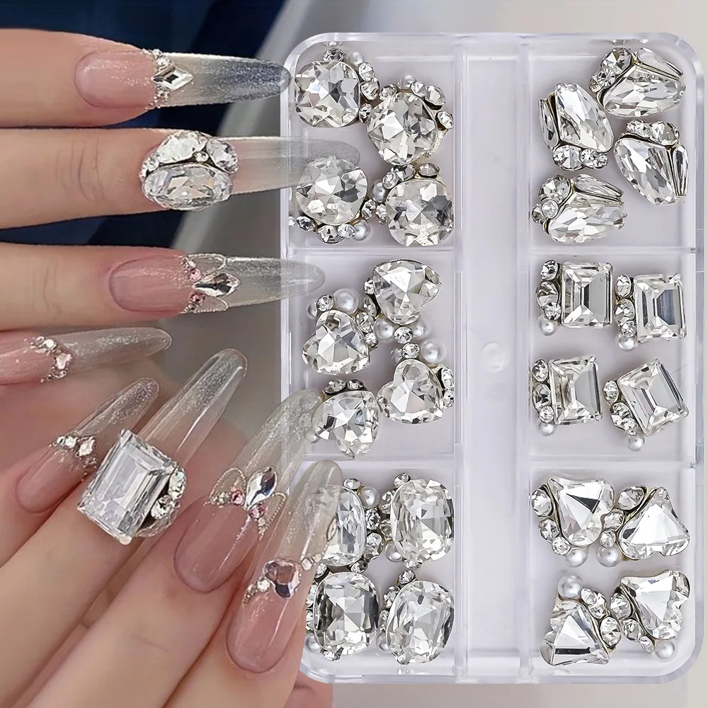 24 Uds. De dijes apilados de diamantes de imitación para uñas, corazón, formas cuadradas regordetas, decoraciones de uñas de lujo brillantes para diseño de manicura