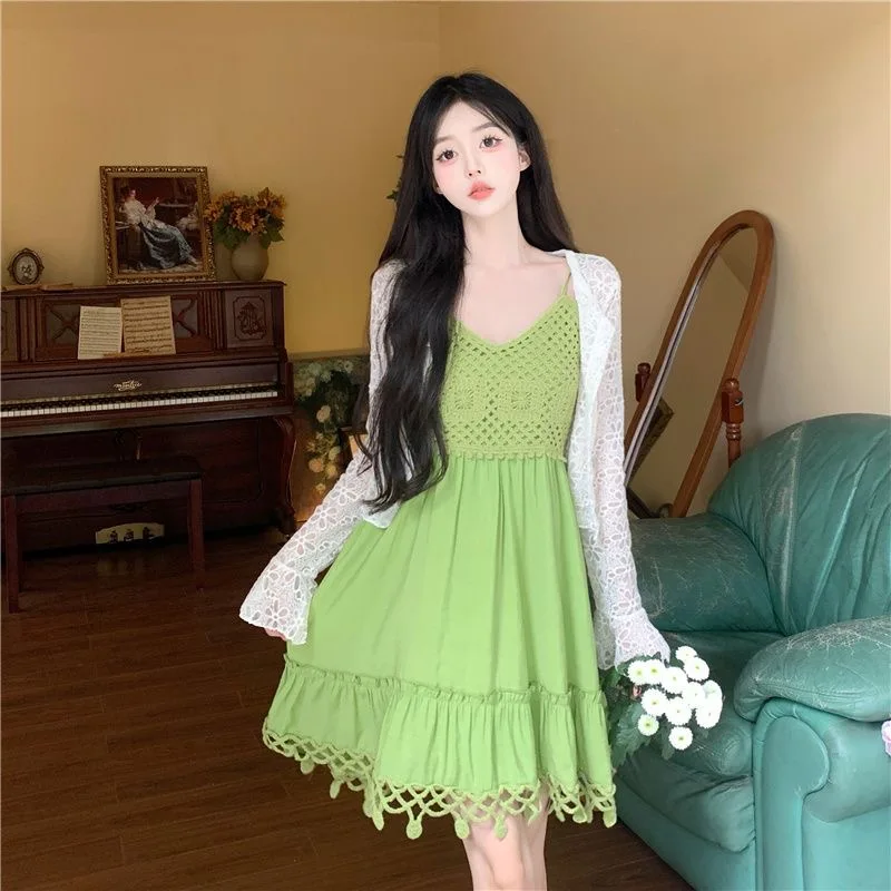 Green White Slip Dress Holiday Evening Dress