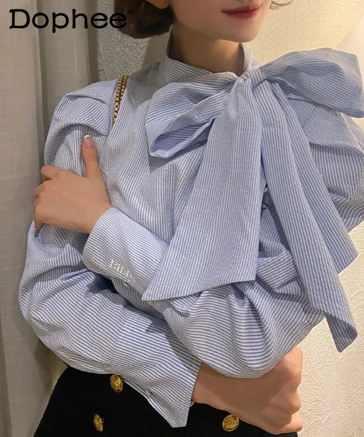 

Японская милая женская блузка с большим бантом и пышными рукавами, весна-осень 2026, новая повседневная универсальная модель для офиса