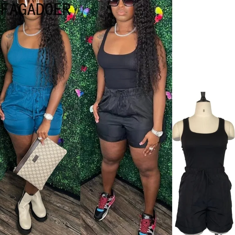 

FAGADOER Casual Woman 2 Piece Set Outfit Solid Color Sleeveless Backless Crop Top + Shorts Midnight Female Streetwear Clothing