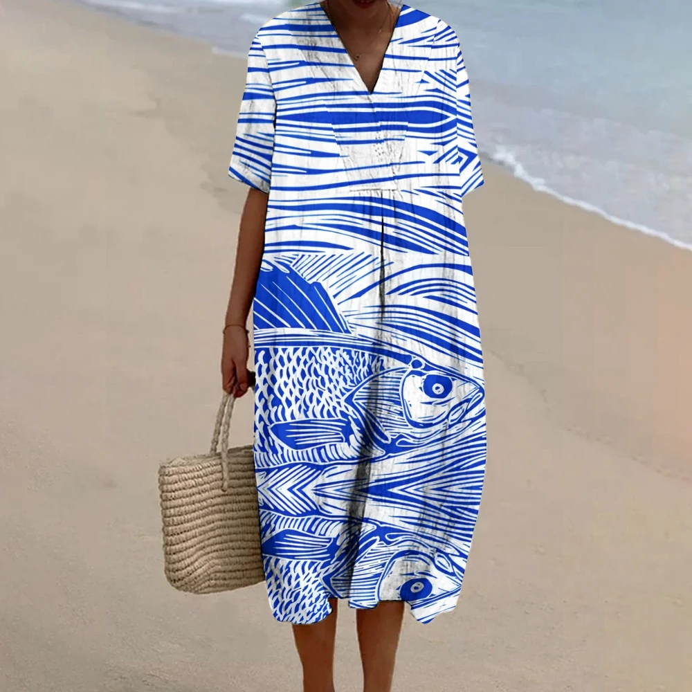 

Women's Dress Casual Blue and White Lines Wave Fish Print Loose V-Neck Long Dress Trendy New Beach Vacation Party Dresses