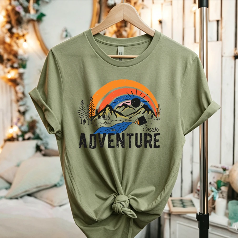 Seek Adventure Mountain Rainbow Vintage Graphic T Shirt Retro Mountain Forest Camping Sunset Casual Outdoor Hiking Adventure Tee