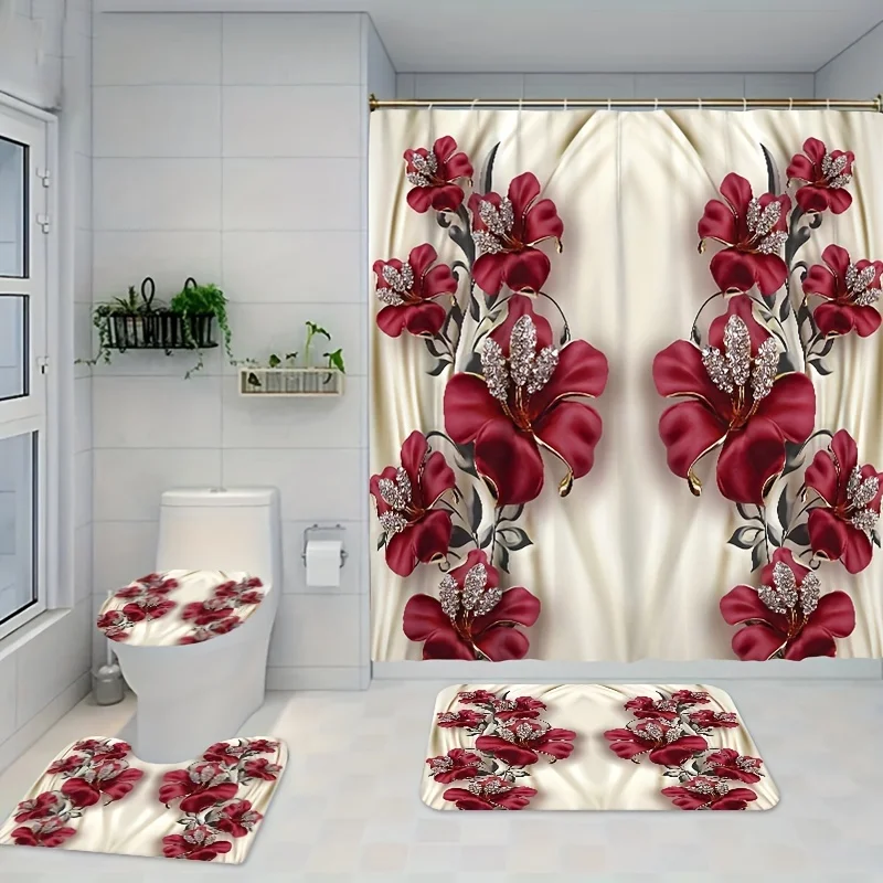 4pcs Luxury Satin-Finish Red Floral Beaded Pattern Bathroom Set, Shower Curtain (179.83x179.83 Cm) And Matching Toilet Mat/R