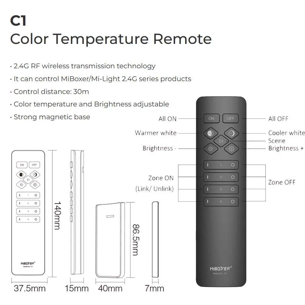 Miboxer 2.4G RF Remote Control C-series C1 C2 C3 C5 for Dimmable Color Temperature Adjustable Timing CCT RGB+CCT Multiple Zone