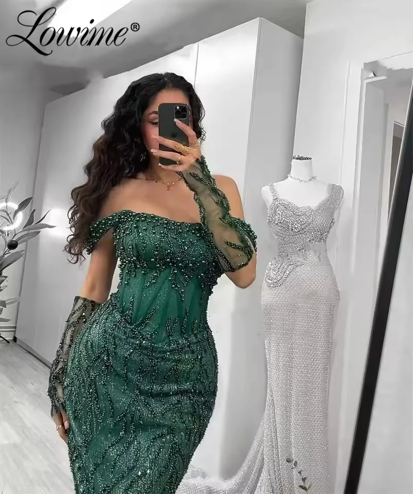 Robe De soirée De forme sirène, personnalisée, perles vertes, robes De bal longues, arabes, avec gants, à la mode, 2026