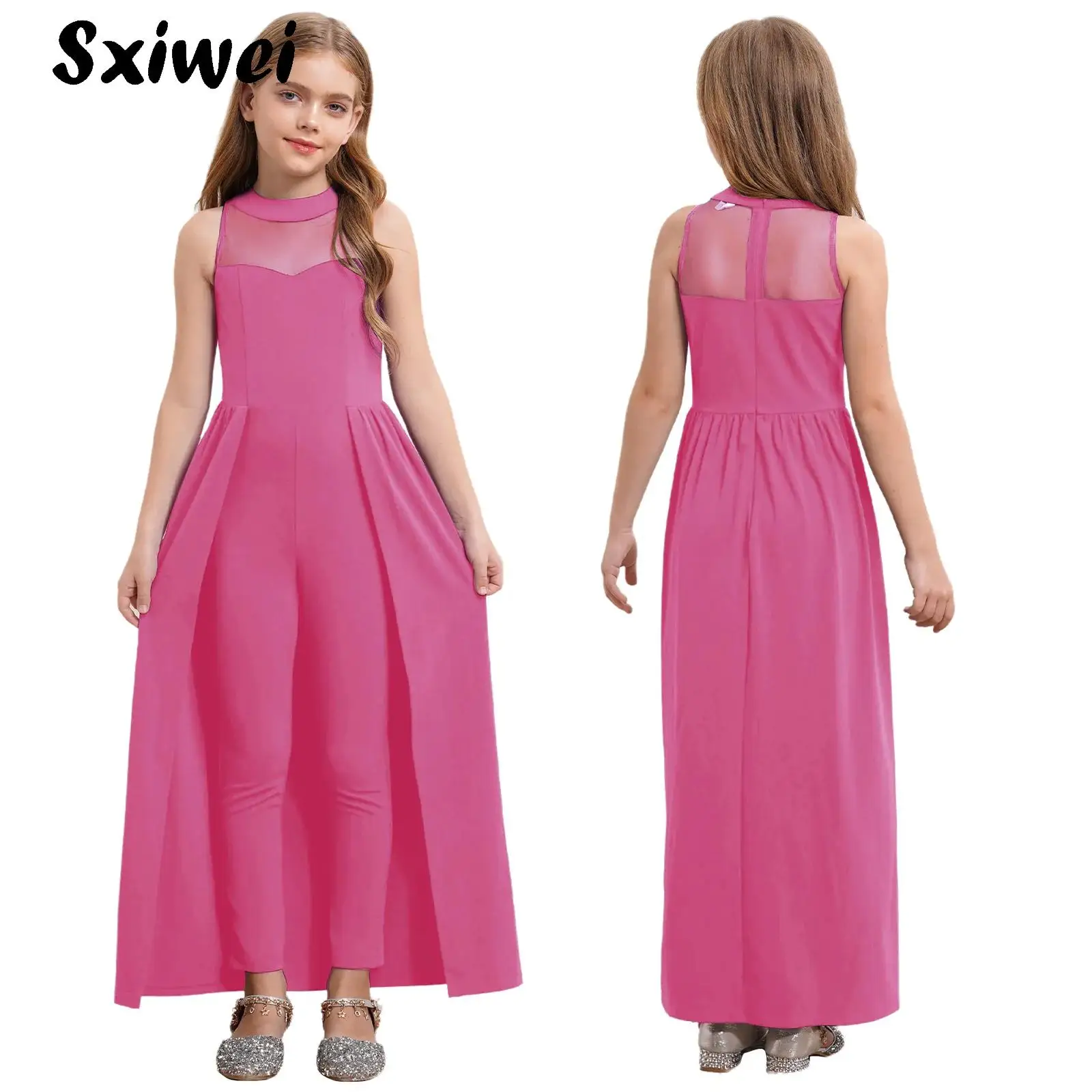 

Wedding Party Jumpsuit with Split Overlay for Kids Flower Girls Romper Dress Elegant Birthday Pageant Sleeveless Trouser Suit