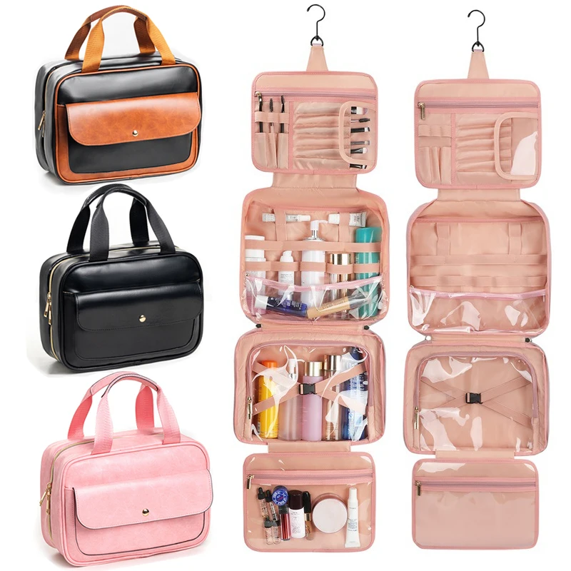 

New PU Leather Hanging Cosmetic Bag For Women Portable Makeup Storage Box Large Capacity Waterproof Cosmetic Bags