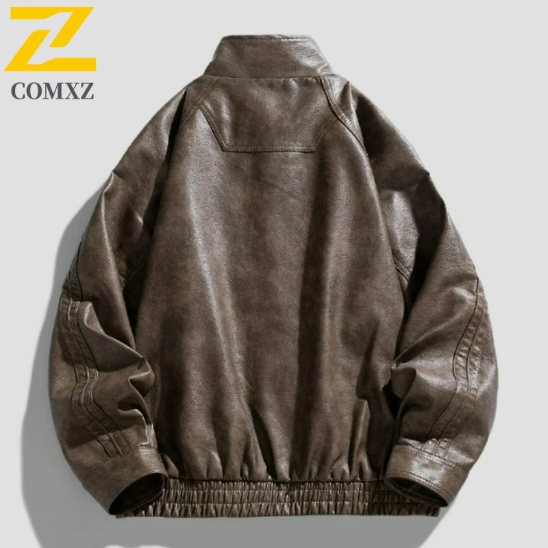 COMXZ Mens PU Leather Jacket 2025 New Premium Hiking Travel Windproof Coat Fashion Classic Stand Collar Comfort Leather Coats