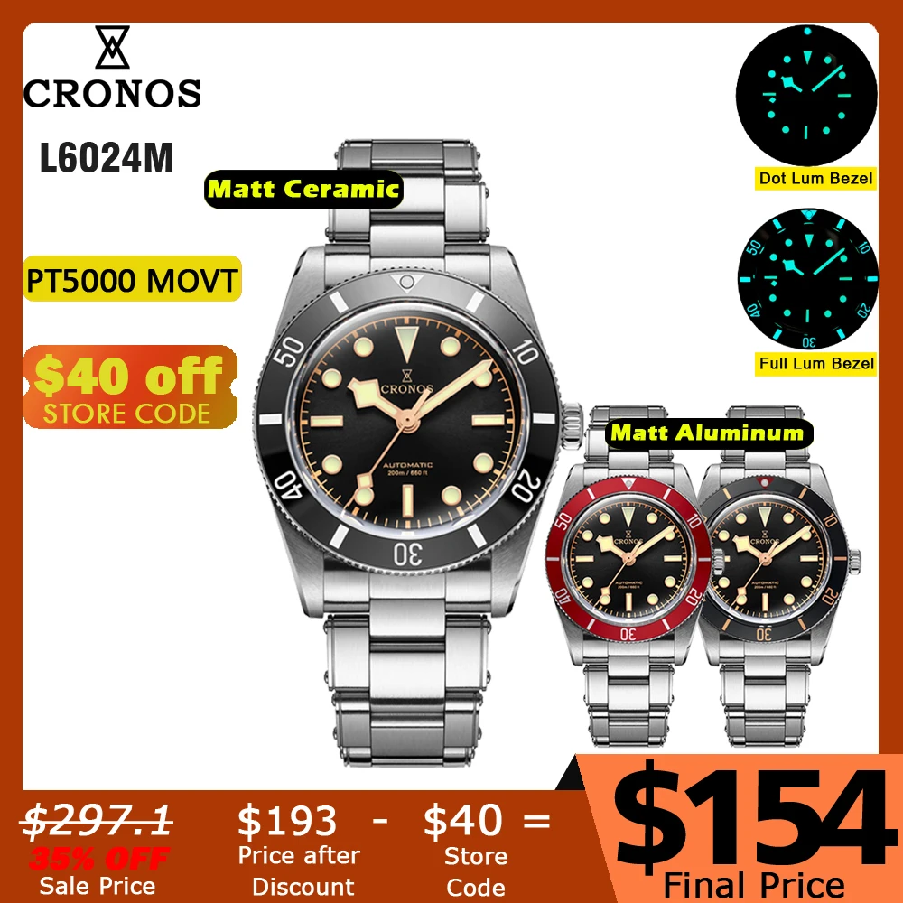 Cronos Luxury Men Watch 37mm Diver BB54 Vintage Automatic Wristwatches Female End Links Sapphire 20 Bar L6024