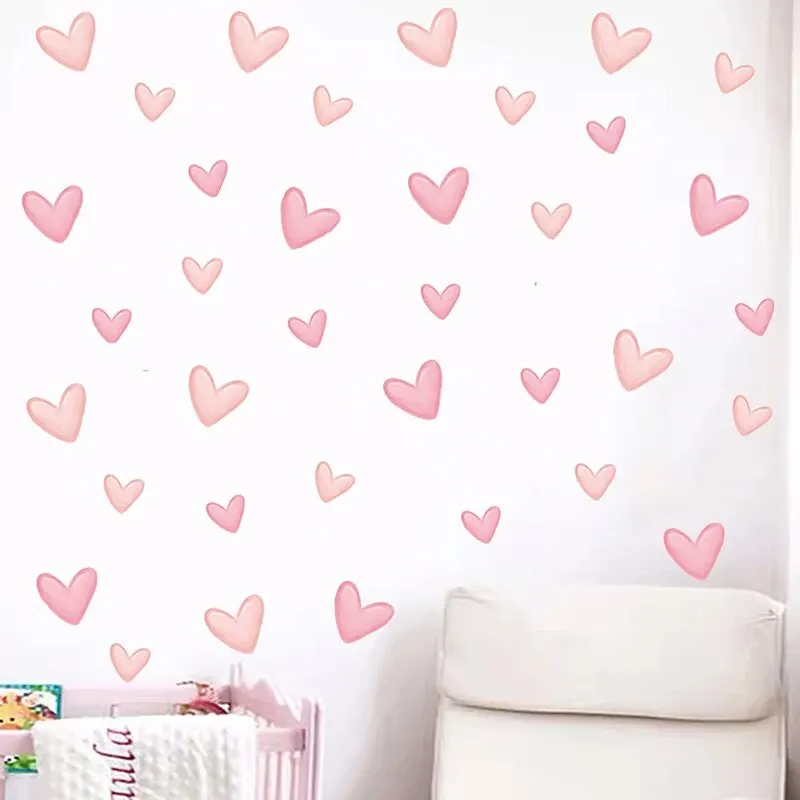 60Pcs Soft Pink Big Small Heart Shape Wall Stickers for Waterproof Removable PVC Kids Room Kindergarten Home Decoration