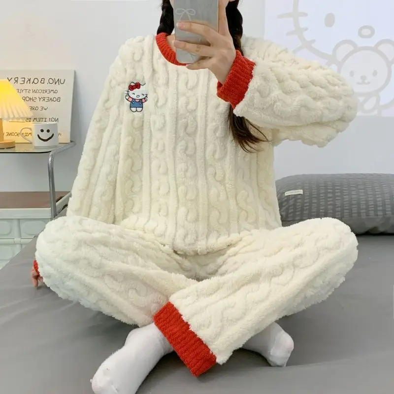 Cartoon Hello Kitty Jacquard Flannel Pajama Set Winter Warm Crew Neck Fleece Sleepwear Multi Sanrio Character Design Cozy Home