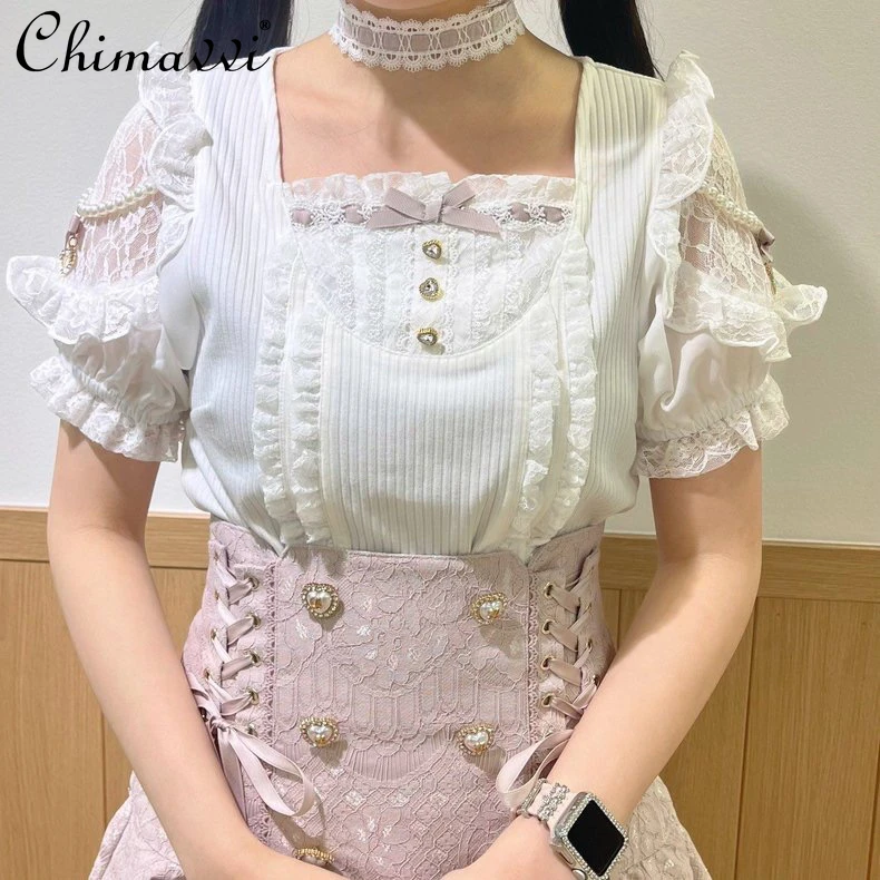 Liz Japanese Mine Series Mass-produced Soft Girl Sweet Cute Big Bow Neck Strap Top Lolita Short-sleeved Slim-fit Y2k Clothes