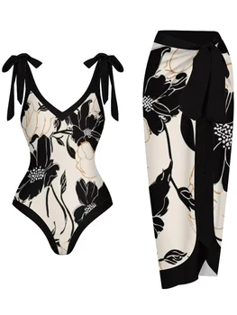 Vintage V-Hals Badpak Met Strandjurk Vrouwen 2024 Eendelige Print Badkleding Dames Badpak Zomer Strandkleding S-Xl