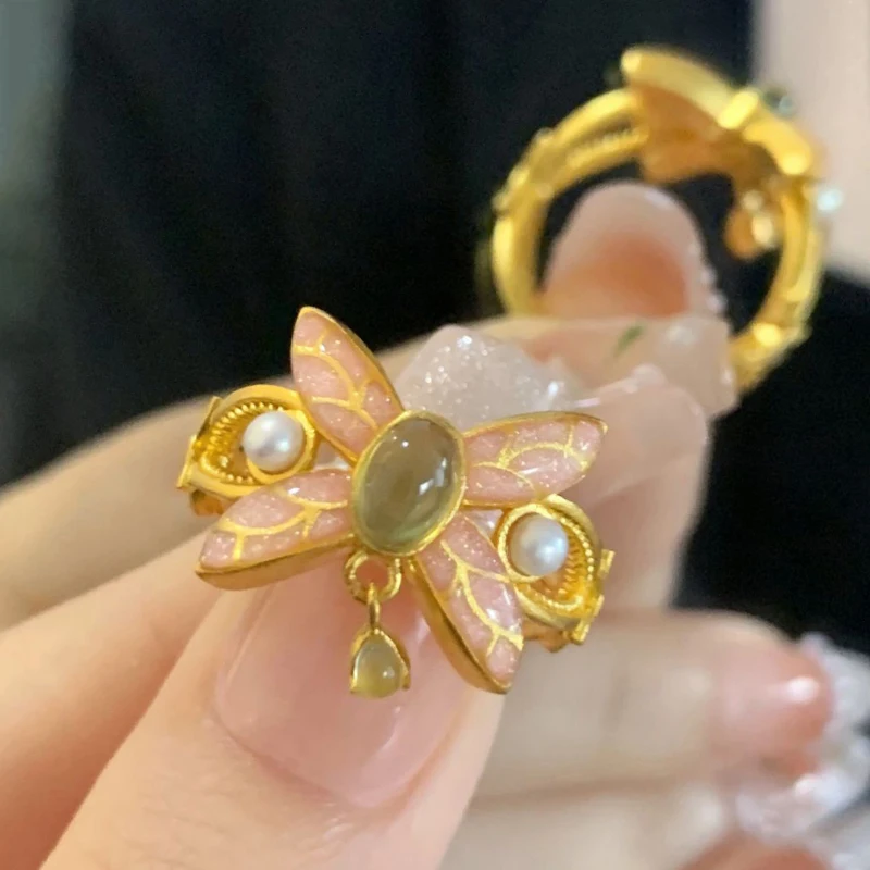 Light luxury diamond studded romantic enamel powder rings for women art butterfly ring fashion palace style jewelry gift