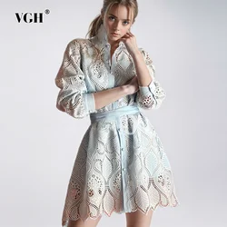 VGH Solid Hollow Out Embroidery Dress For Women Lapel Long Sleeve High Waist Spliced Single Breasted Mini Dresses Female Fashion