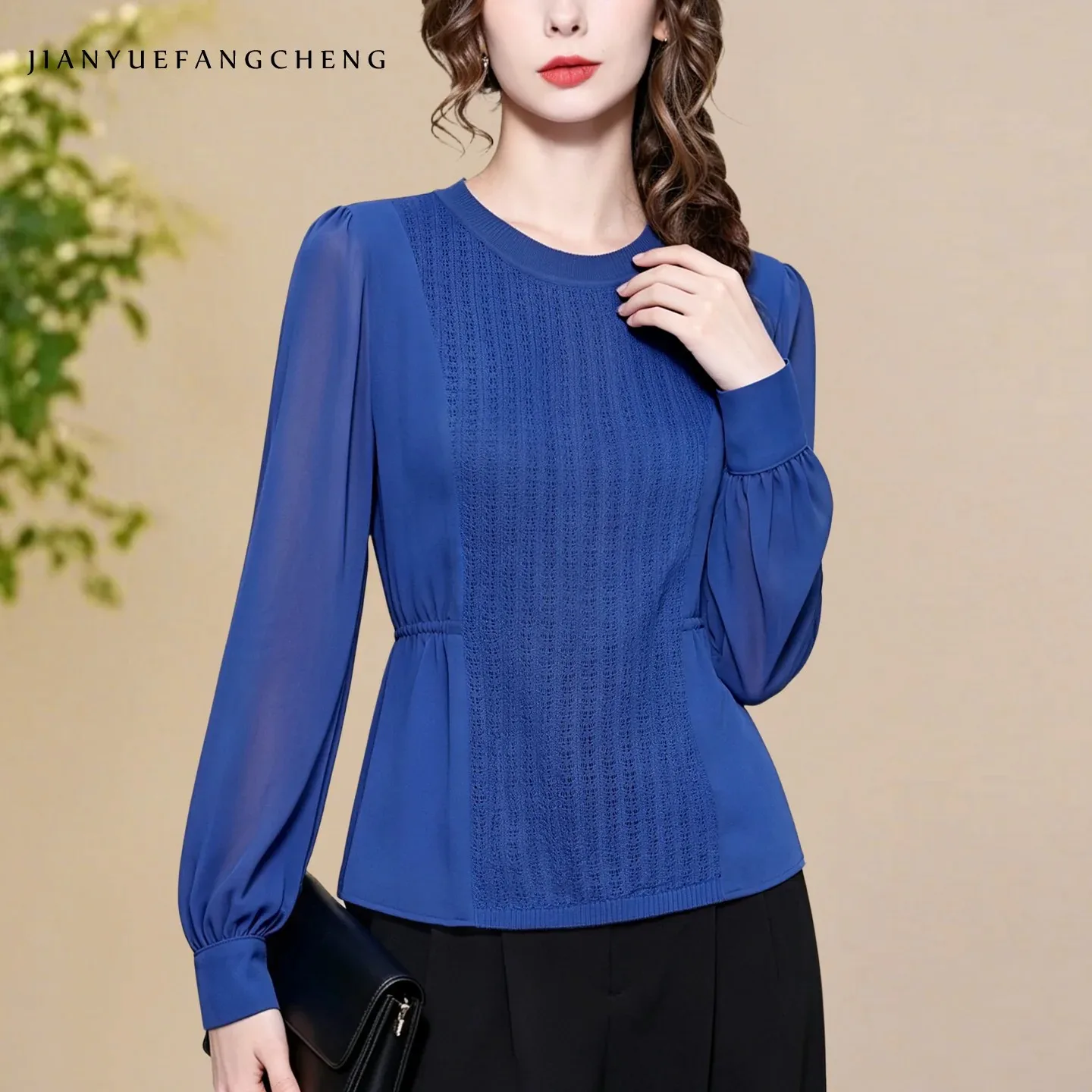 2026 Autumn New Women' Long Sleeve Solid Top Knit Spliced Chiffon Blouse Fashion Slim-fit Strechy Casual Bottoming Shirts
