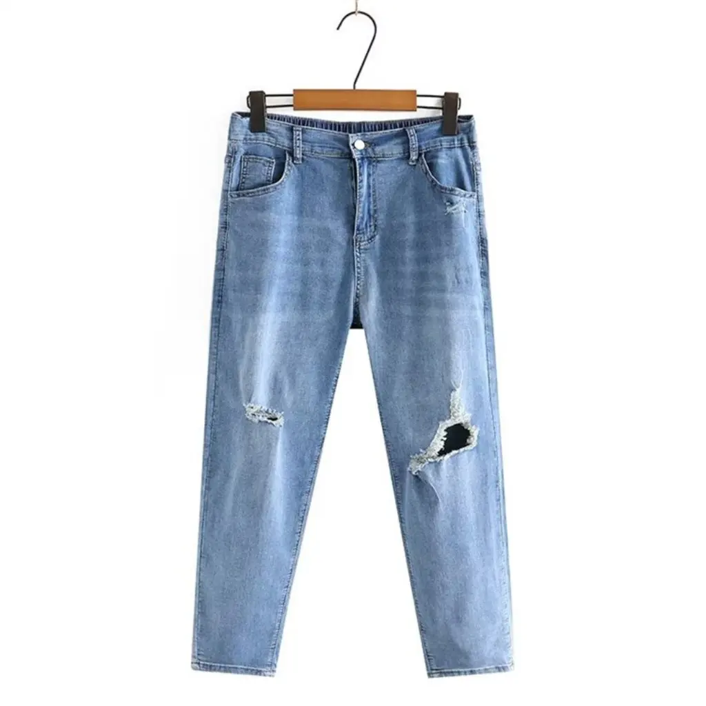 Novedad de verano, pantalones vaqueros elásticos de cintura alta de talla grande, pantalones Harlan ajustados informales 200 Jin Fat MM2024 Hole Harlan