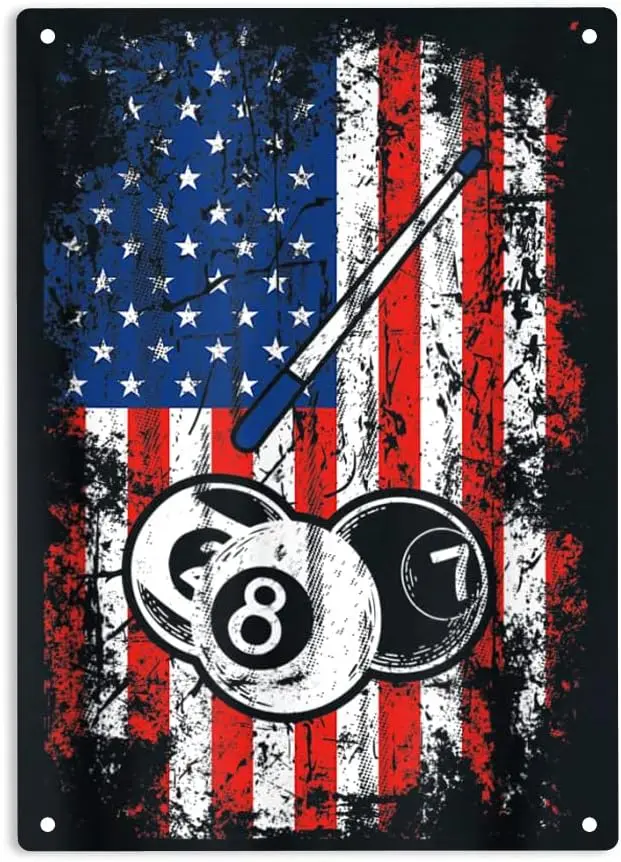 Billiards American Flag Sign Metal Tin Sign, Pool Balls Poster for Home Cafes Bars Pub Man Cave Wall Decor Plaque Sign 12x8 Inch
