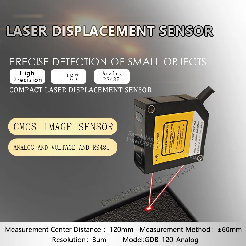 Measurement center distance 120mm Resolution 8μm IP67 CMOS image Analog RS485 Laser displacement sensor