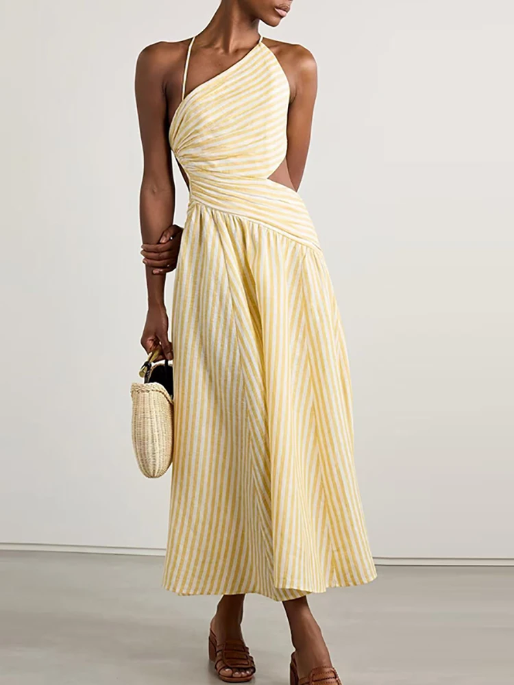 Sexy asymmetrische gestreepte bedrukte vakantiejurk damesmode mouwloze hoge taille lange jurk casual backless sling feestjurk - afbeelding 2
