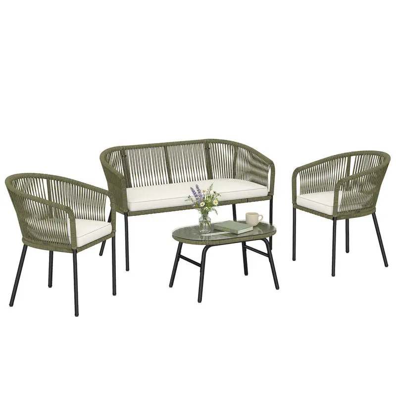 Salon de Jardin Extérieur 4 Places : Canapé 2 Places, 2 Fauteuils et Table Basse en Verre Trempé PP Rond Tressé Crème