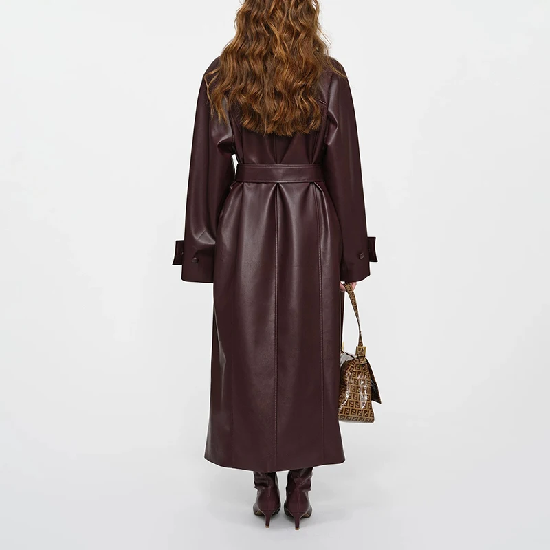 معطف واق من المطر من الجلد الطبيعي لعام 100% للنساء لخريف وشتاء فاخر من جلد الغنم وطية صدر كبيرة وحزام واحد فضفاض طويل ملابس خارجية