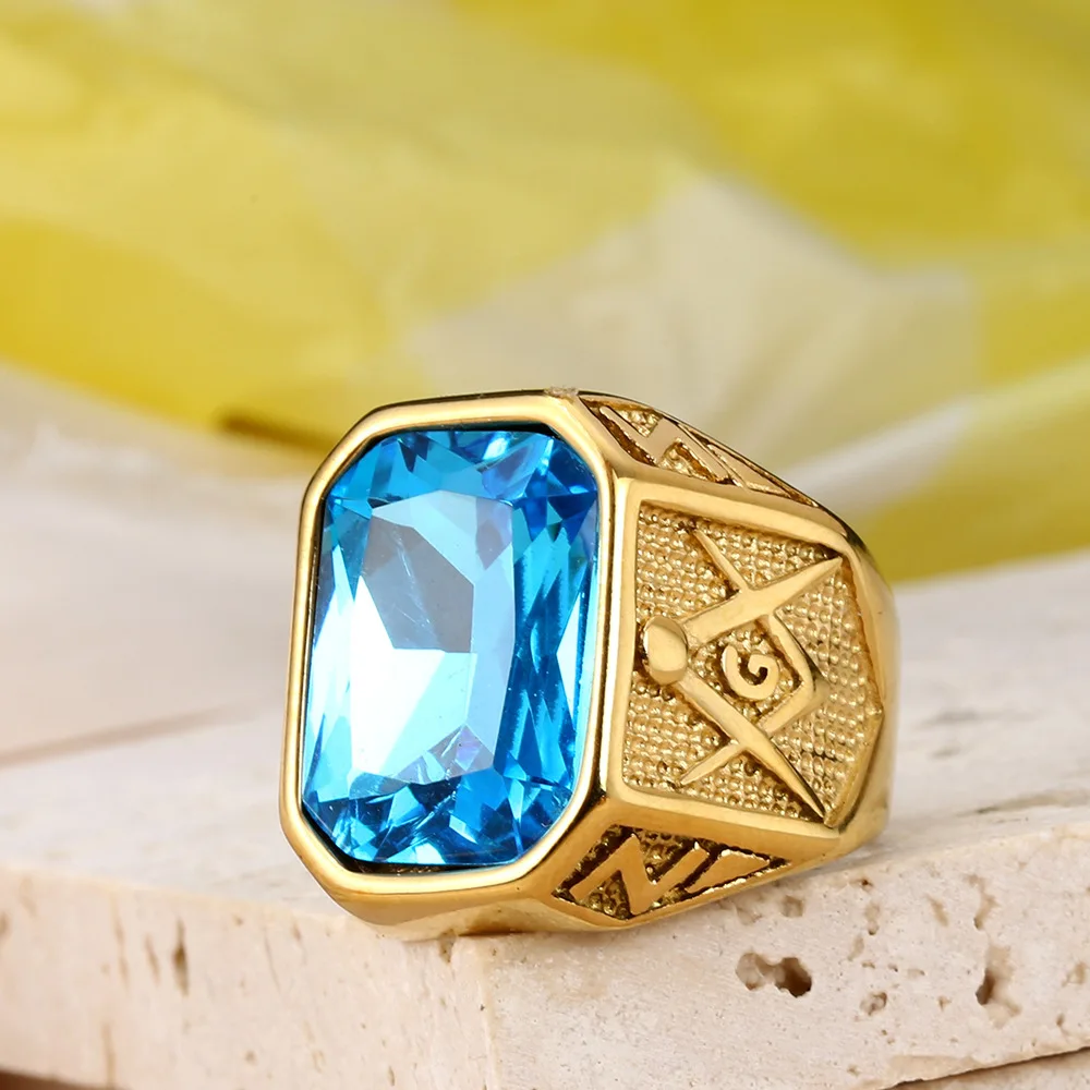 Punk Hip Hop Blue Green Black Red Stone Rings Men Fashion Retro Masonic Letter G Stainless Steel Ring Charm Jewelry Wholesale - Image 3