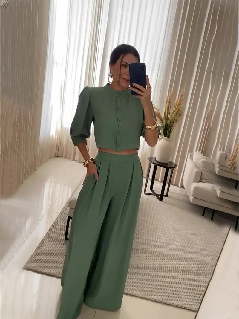 Women\'s Pant Suits Solid Color Single-breasted O-neck Shirt Top Fashion Casual Long Pants Suit Two Piece Set Women Office Wear