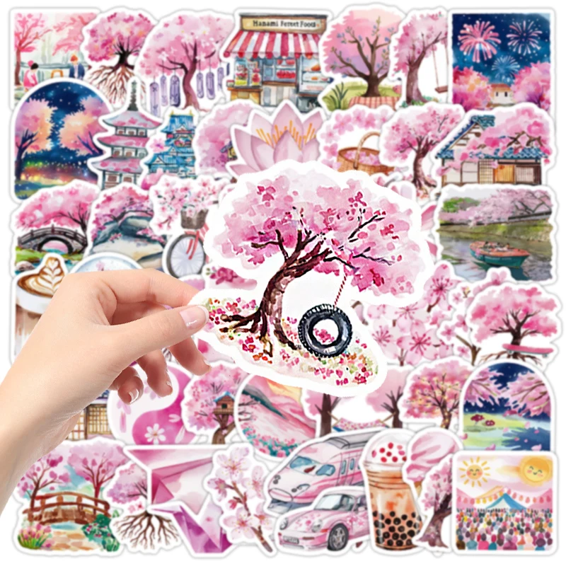 50PCS Pink Cherry Blossom Aesthetic Stickers Kawaii Waterproof DIY Decor for Notebook Guitar Bike Laptop Water Bottle Stationery