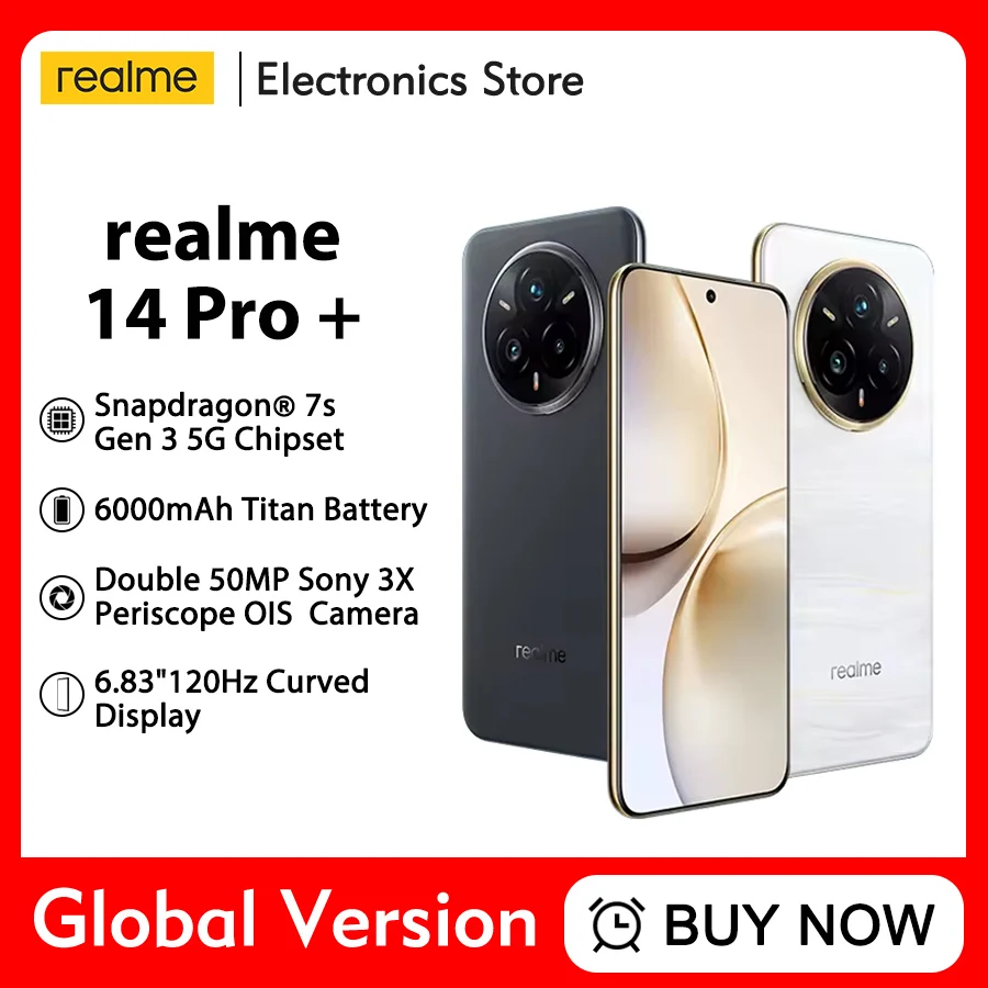 هاتف ذكي Realme 14 Pro Plus Snapdragon ® كاميرا 7s Gen 3 5G 50MP Sony 3X Periscope 80W SUPERVOOC Charge 6000mAh