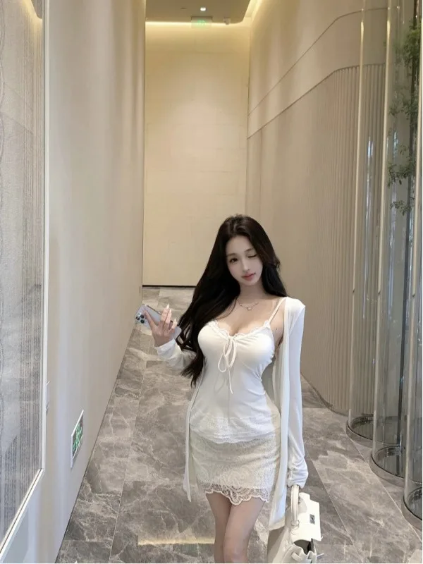 

Lace Patchwork Pure Desire Strap Vest Long Sve Sun Protection Outerwear Women's Autumn Set Skirt Tee-piece Set