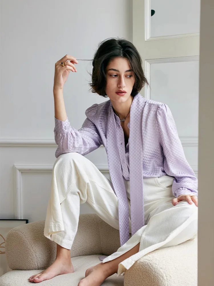 SuyaDream, Women Bow Collar Shirts, 100%Real Silk, Elegant Lavender Blouses, 2024 Spring Summer Office Lady Top