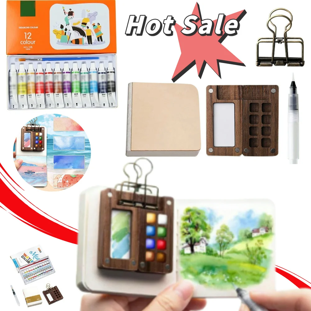 Mini Portable Watercolor Palette Set Watercolor Sketch Book with Binder Clips Portable Watercolor Travel Set for Travel Drawing