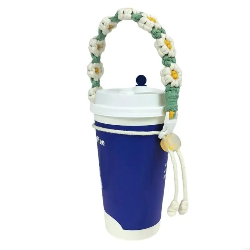 F19B Handmade Wovens Flower Keyring Water Bottles Holder Rope Coffee Takeaway Hangings Strap Portabled Wristband Keychains