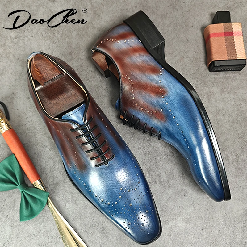 Luxury Mens Leather Shoes Lace Up Pointed Mixed Color Casual Dress Man Shoe Wedding Office Oxford Derby Brogue Shoes For Men