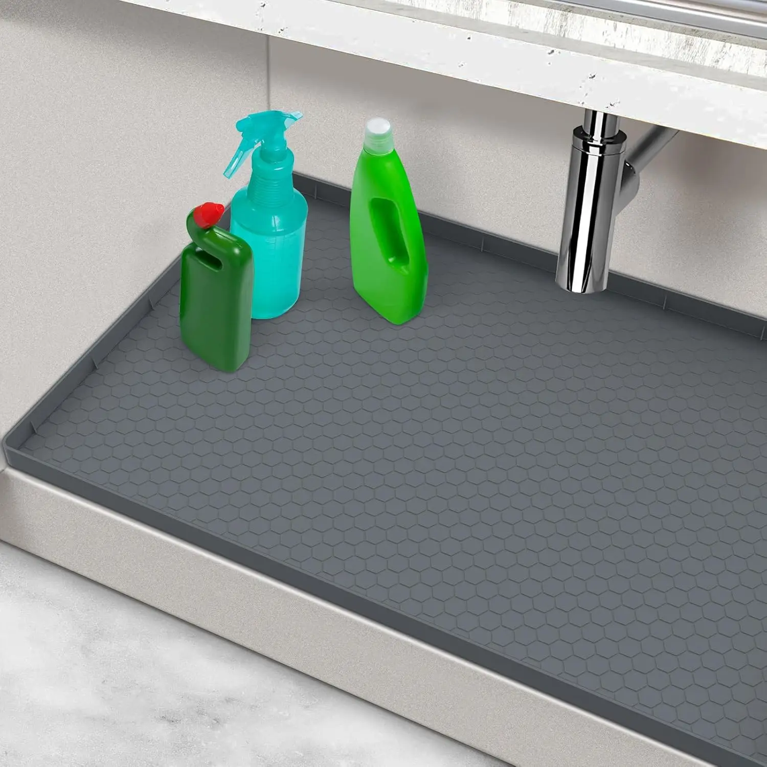 

Under Sink Mat 28x19, Silicone Waterproof Protector for Kitchen Cabinet, Gray