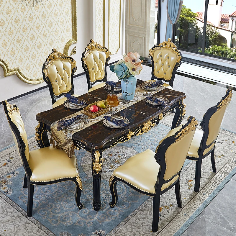 

Marble dining table and chair combination luxury solid wood rectangular 4-6 person dining table small unit