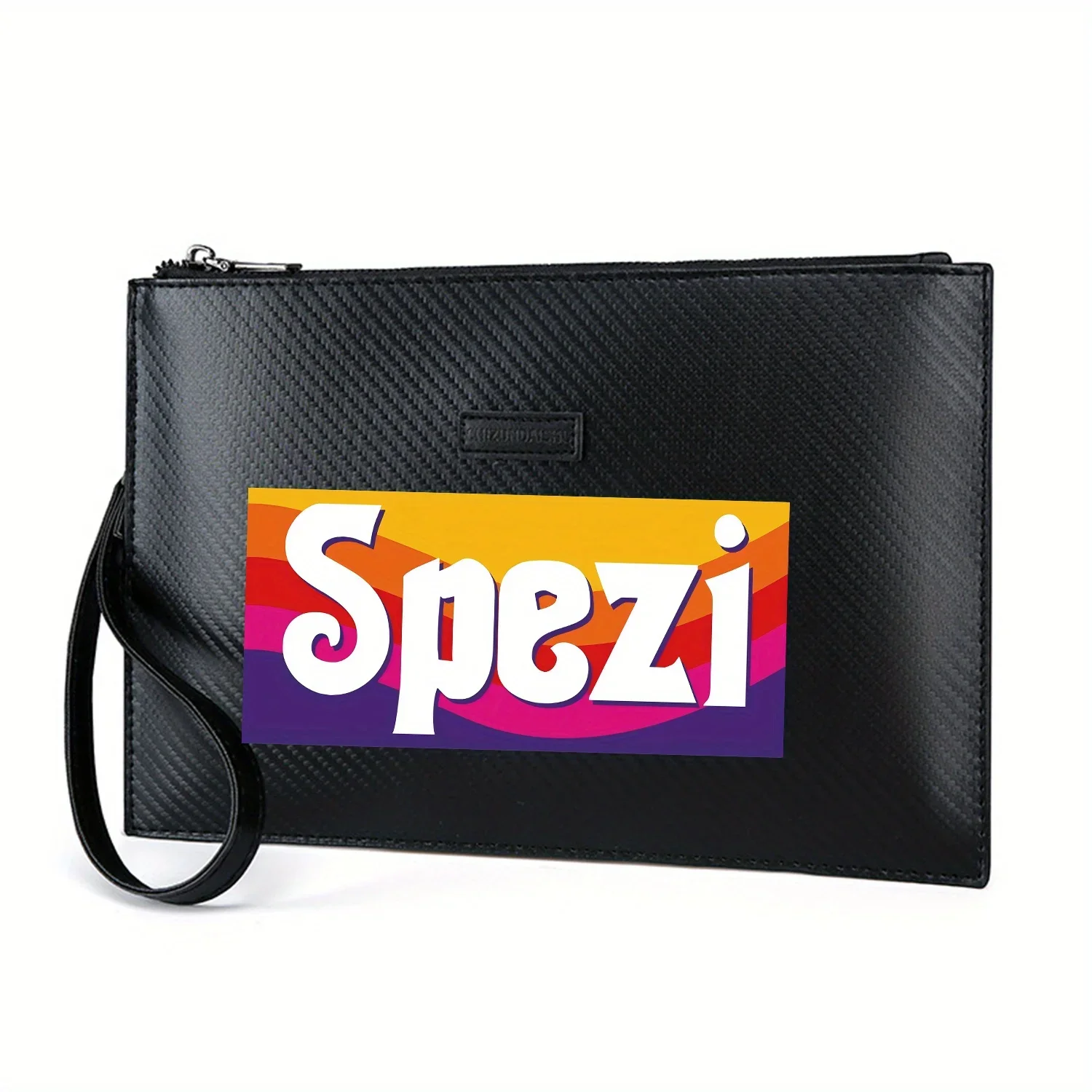 White text over colorful stripes Elegant Printed PU Men's Handbag Fashionable and Practical for Everyday Carry