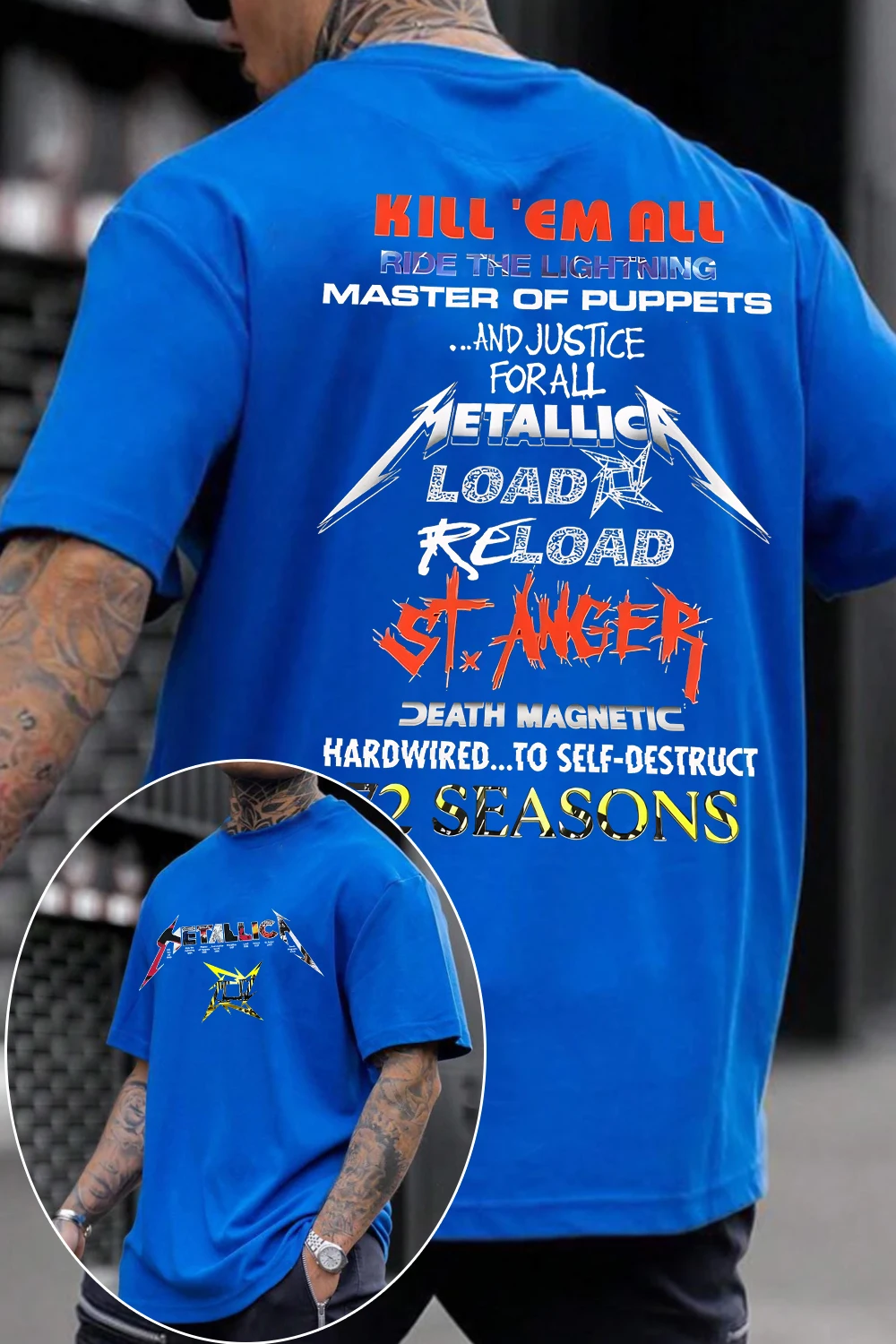 Text Blue Metallica Rock Band T-Shirt Cotton Graphic Tee Men Women Summer Streetwear Top