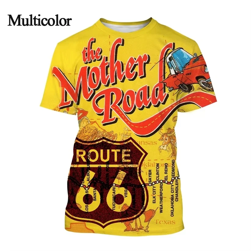الصيف الولايات المتحدة الطريق 66 الجرافيك ثلاثية الأبعاد تي شيرت بلوزة كاجوال في الهواء الطلق الشارع تي شيرت مطبوع شخصية الجولة الرقبة فضفاضة تي شيرت #3