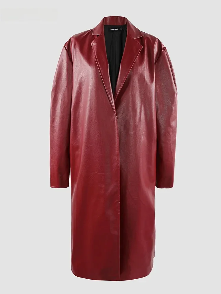 

Nerazzurri Wine Red PU Leather Jaet Women's Oversize on Long Coat Commute Sle with kets Synthetic Leather Coat