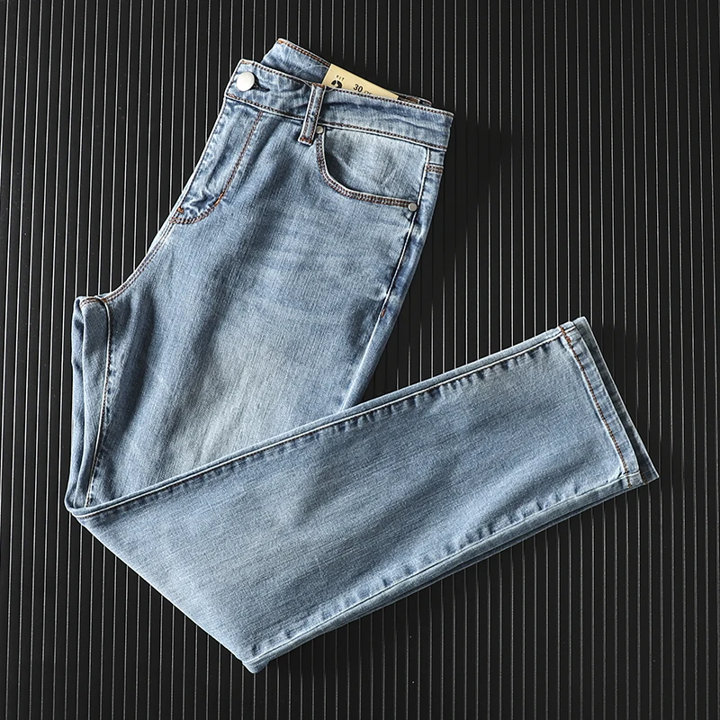 Casual Washed Elastic Slim Straight Jeans Long Pants Trendy All-Match Daily Jeans Youth Popular Spring Season Regular Thickness