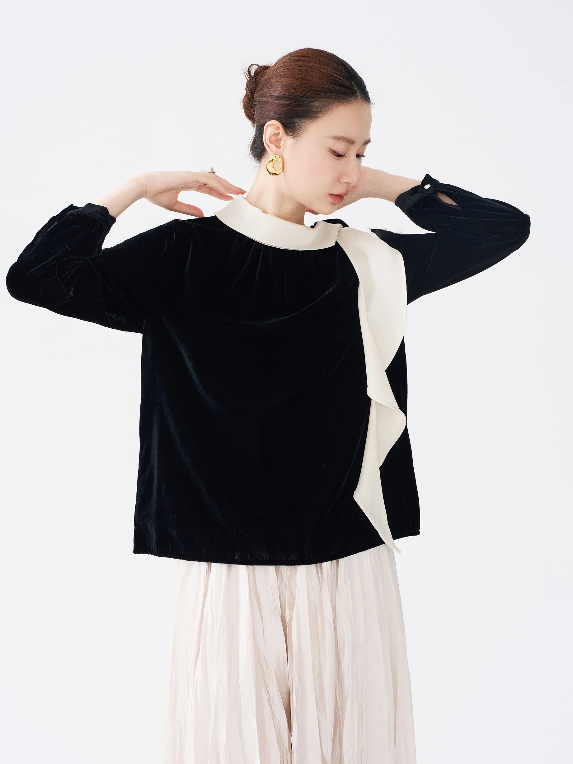 Romantic Velvet Sash Women's Shirt Black Long Sleeve Elegant Design Casual Fashion Straight Cut French Style Daily Wear
