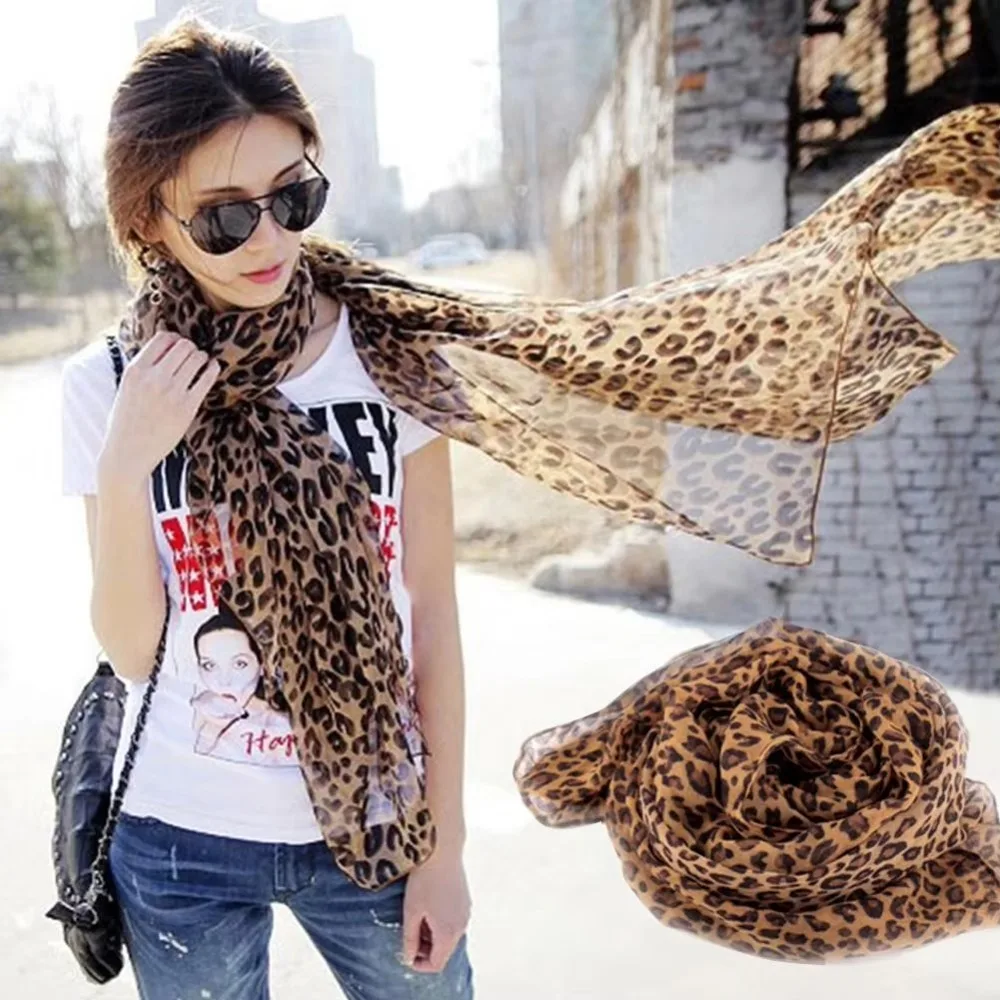 

Hot Sale Leopard Print Chiffon Scarf Soft Elegant Shawl Silk Scarf Vintage Long Chiffon Shawl Scarf Women