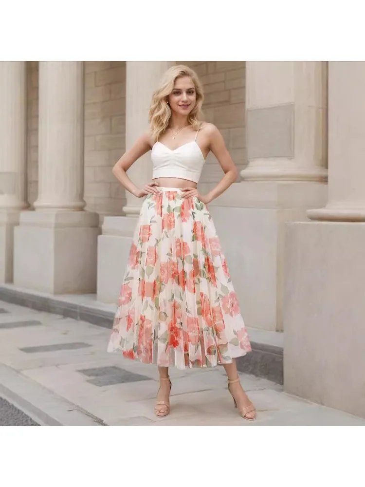 Cake skirt small fresh super fairy print skirt long skirt fairy a-word skirt mesh skirt long fairy gauze skirt