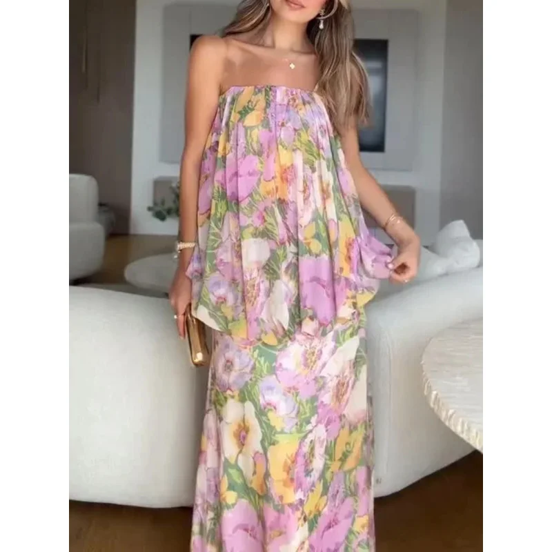 

Elegant Floral Printed Off-Shoulder Maxi Dress Sleeveless Backless Women's Summer Fashion Beach Resort Robe for Party 2025